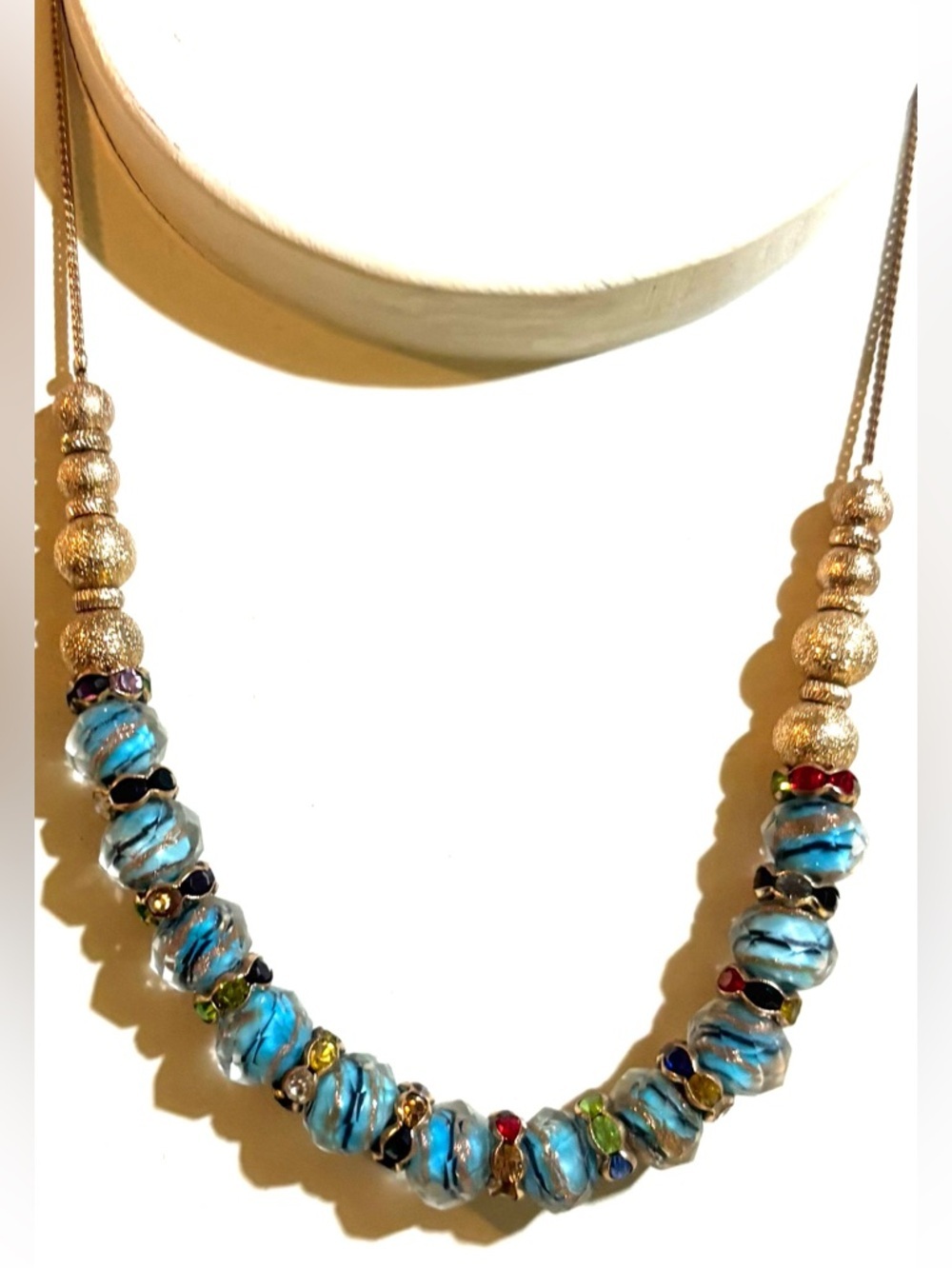 Blue Glass Bead Necklace with Gold Accents - Women Jewelry